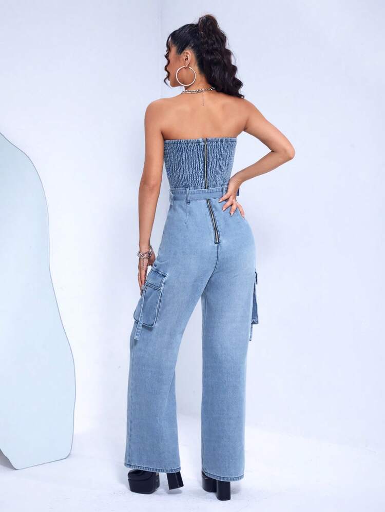Flap Pocket Side Belted Tube Denim Jumpsuit
