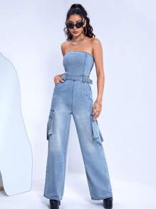 SHEIN ICON Women Denim Overalls & Jumpsuits Kantong Zip Berikat Plain Casual - Light Wash - View 3