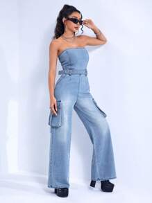 SHEIN ICON Women Denim Overalls & Jumpsuits Kantong Zip Berikat Plain Casual - Light Wash - View 4