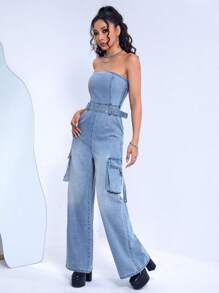 SHEIN ICON Women Denim Overalls & Jumpsuits Kantong Zip Berikat Plain Casual - Light Wash - View 5