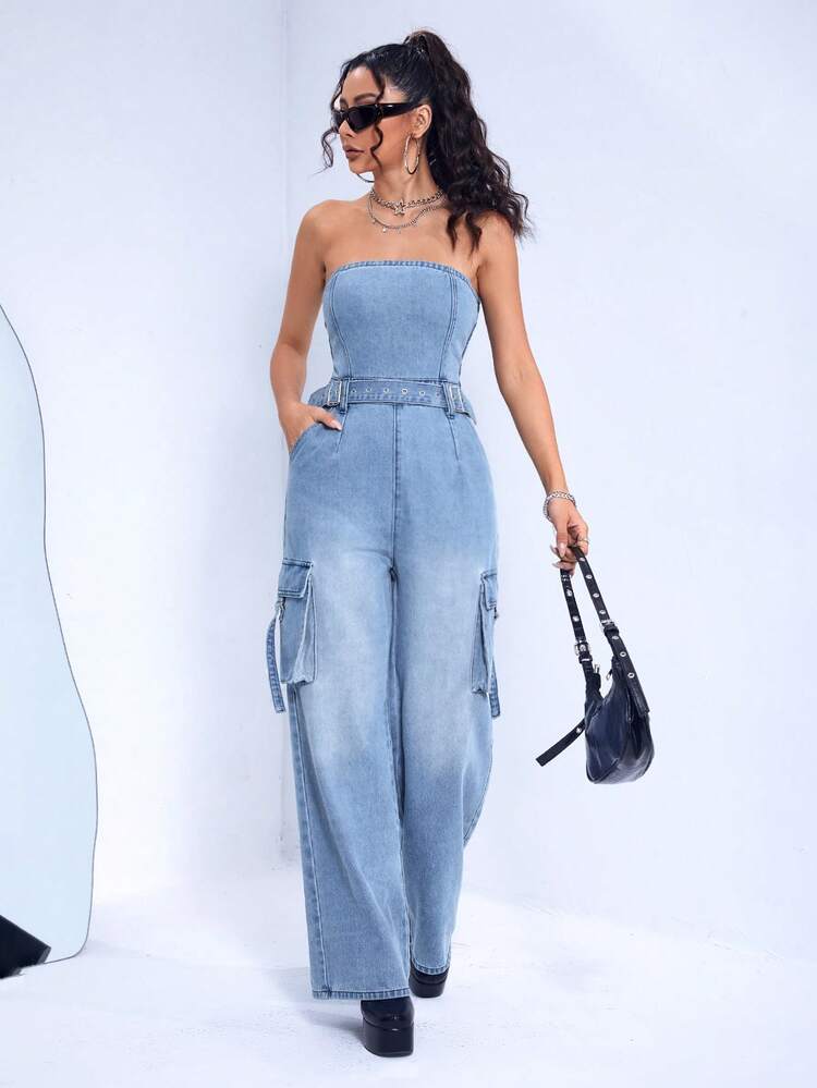 Flap Pocket Side Belted Tube Denim Jumpsuit