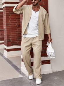 Manfinity Homme Men Solid Open Front Shirt & Pants Without Tee - Khaki - View 1