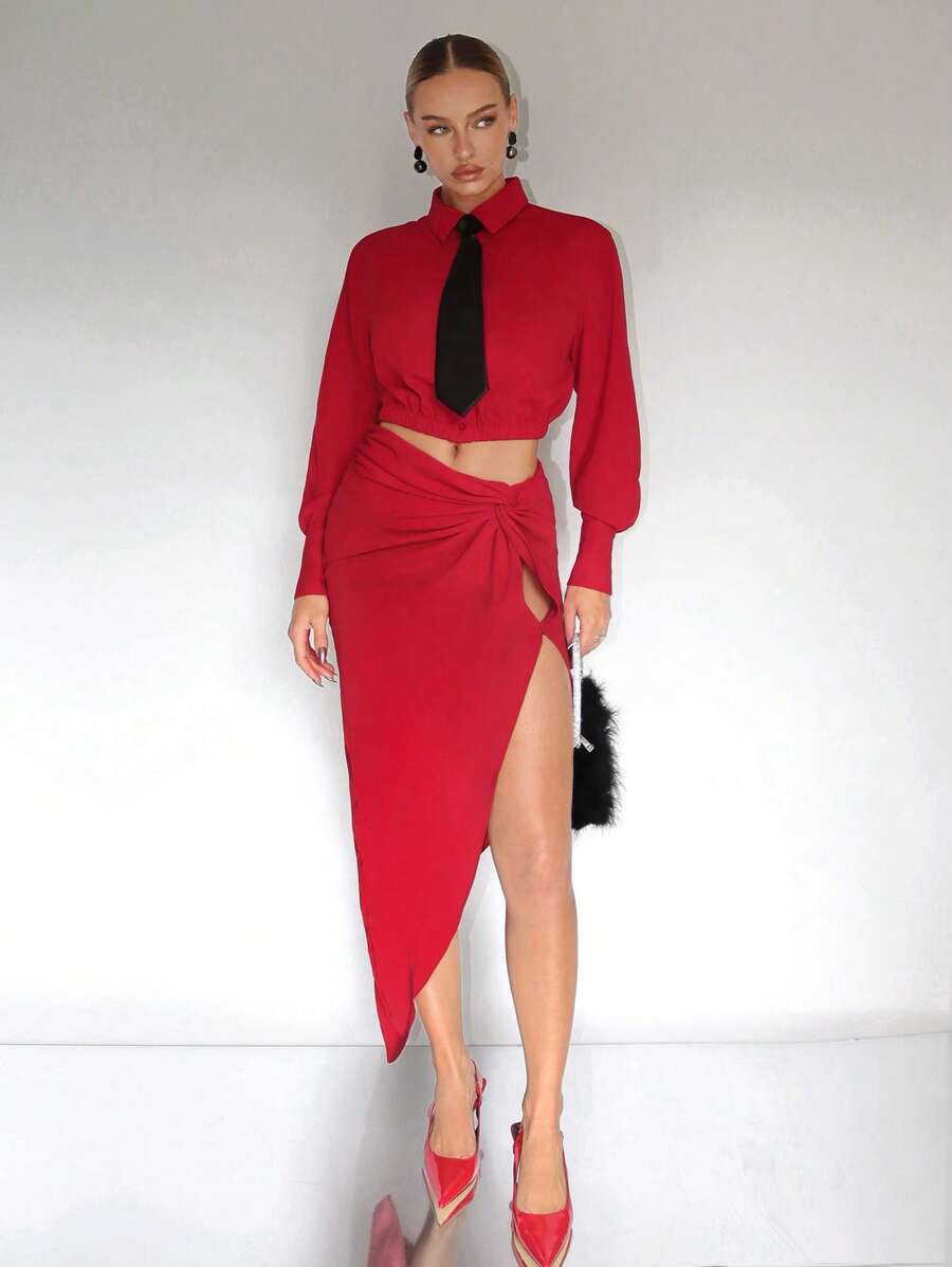 SHEINNeu Solid Crop Shirt & Twist Front Split Thigh Skirt With Necktie - Red - View 1