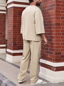 Manfinity Homme Men Solid Open Front Shirt & Pants Without Tee - Khaki - View 2