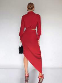 SHEINNeu Solid Crop Shirt & Twist Front Split Thigh Skirt With Necktie - Red - View 2