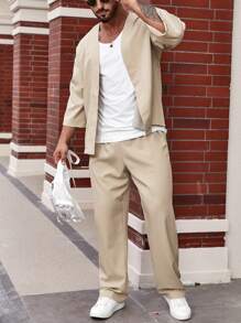 Manfinity Homme Men Solid Open Front Shirt & Pants Without Tee - Khaki - View 3