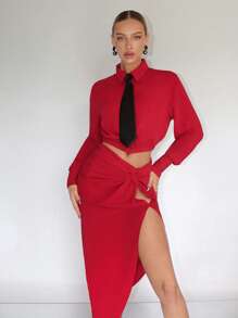 SHEINNeu Solid Crop Shirt & Twist Front Split Thigh Skirt With Necktie - Red - View 3