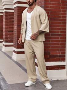 Manfinity Homme Men Solid Open Front Shirt & Pants Without Tee - Khaki - View 4