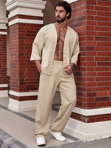 Manfinity Homme Men Solid Open Front Shirt & Pants Without Tee - Khaki - View 5