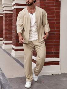 Manfinity Homme Men Solid Open Front Shirt & Pants Without Tee - Khaki - View 7