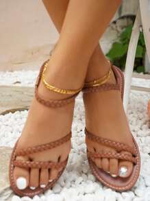 素色編織平底涼鞋適合女士 - 棕色 - 查看 1