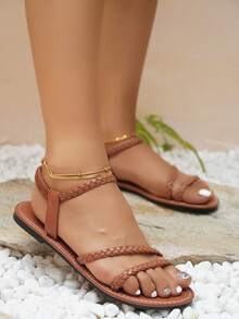 素色編織平底涼鞋適合女士 - 棕色 - 查看 4