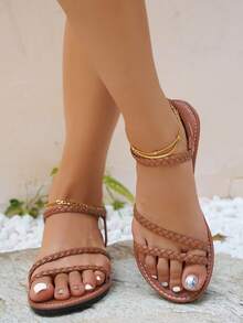 素色編織平底涼鞋適合女士 - 棕色 - 查看 8