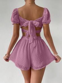 Chiquease 圓點前扭結短款上衣&短褲 - 淺灰紫 - 查看 2