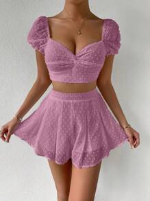 Chiquease 圓點前扭結短款上衣&短褲 - 淺灰紫 - 查看 4