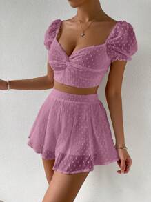 Chiquease 圓點前扭結短款上衣&短褲 - 淺灰紫 - 查看 6