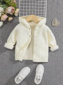 SHEIN 年輕女孩雙口袋插肩袖連帽保暖襯裡開衫