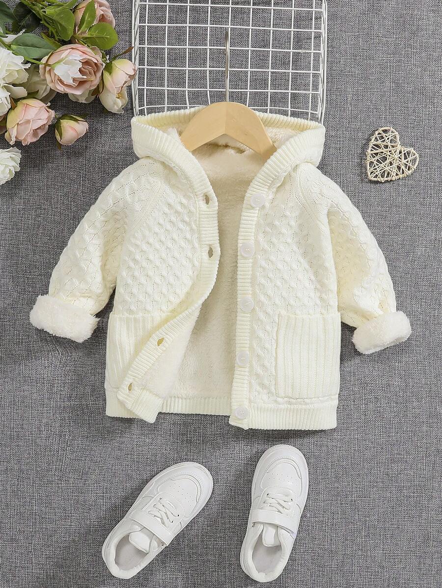 SHEIN 年輕女孩雙口袋插肩袖連帽保暖襯裡開衫