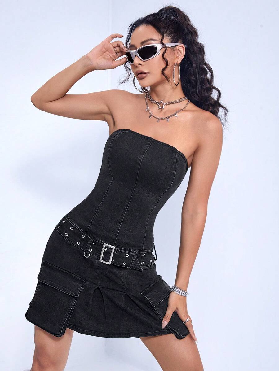 SHEIN ICON Flap Pocket Denim Tube Dress With Belt - Black - View 1