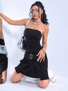 SHEIN ICON Flap Pocket Denim Tube Dress With Belt - Black - View 3