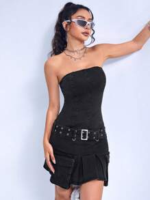 SHEIN ICON Flap Pocket Denim Tube Dress With Belt - Black - View 5