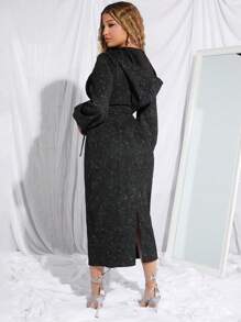 SHEIN SXY Plunging Neck Drawstring Side Lantern Sleeve Dress Fall Cloth For Women - Black - View 2