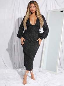 SHEIN SXY Plunging Neck Drawstring Side Lantern Sleeve Dress Fall Cloth For Women - Black - View 4