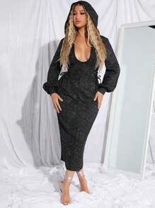 SHEIN SXY Plunging Neck Drawstring Side Lantern Sleeve Dress Fall Cloth For Women - Black - View 5