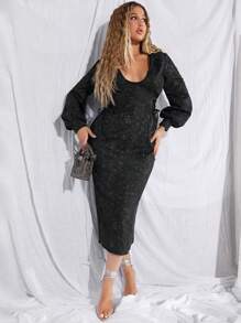 SHEIN SXY Plunging Neck Drawstring Side Lantern Sleeve Dress Fall Cloth For Women - Black - View 6