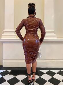 SHEIN SXY Ruched Belted PU Leather Bodycon Dress - Brown - View 2
