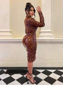 SHEIN SXY Ruched Belted PU Leather Bodycon Dress - Brown - View 3