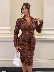 SHEIN SXY Ruched Belted PU Leather Bodycon Dress - Brown - View 5