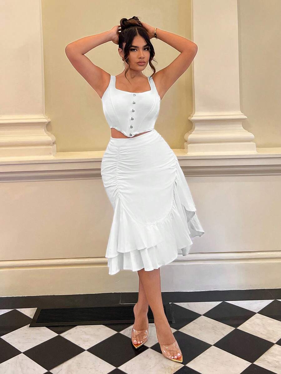 SHEIN SXY Ruched Ruffle Hem Skirt - White - View 1