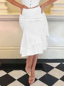 SHEIN SXY Ruched Ruffle Hem Skirt - White - View 6