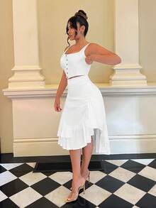 SHEIN SXY Ruched Ruffle Hem Skirt - White - View 5