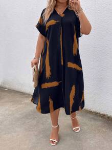 SHEIN LUNE 夏季度假加大码印花蝙蝠袖连衣裙 - 藏蓝色 - 查看 5