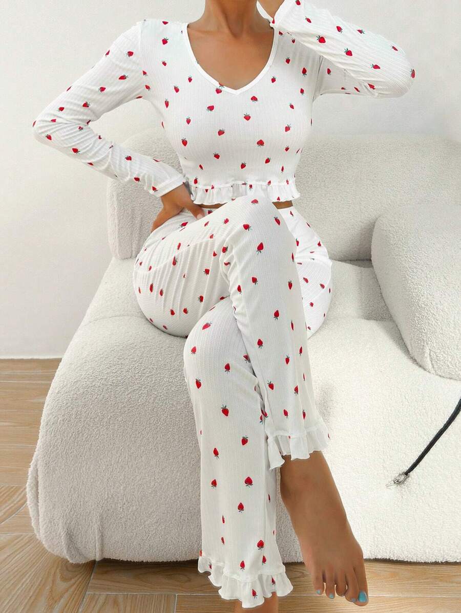 CottageSlumber Strawberry Print Ruffle Hem PJ Set / Pajama Set White Set Holiday Season Cozy And Elegant Details, Fall Clothes