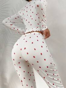 CottageSlumber Strawberry Print Ruffle Hem PJ Set / Pajama Set White Set Holiday Season Cozy And Elegant Details, Fall Clothes