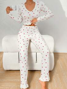CottageSlumber Strawberry Print Ruffle Hem PJ Set / Pajama Set White Set Holiday Season Cozy And Elegant Details, Fall Clothes
