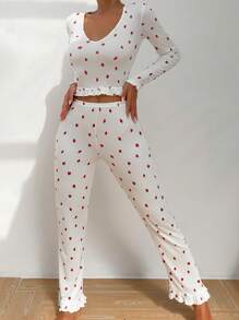CottageSlumber Strawberry Print Ruffle Hem PJ Set / Pajama Set White Set Holiday Season Cozy And Elegant Details, Fall Clothes