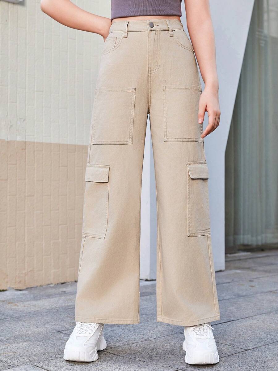 Thiếu niên cô gái Túi có nắp Quần jean chở hàng - Màu be - Xem 1