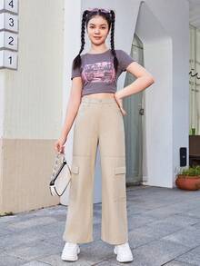 Thiếu niên cô gái Túi có nắp Quần jean chở hàng - Màu be - Xem 3