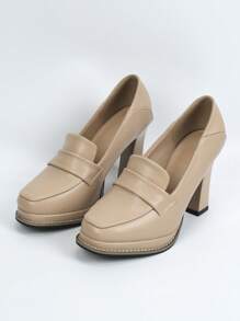 Women's Wood Grain Thick Heels Platform Square Toe Work Pumps