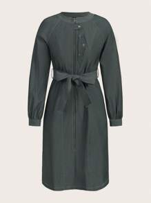 SHEINNeu Solid Raglan Sleeve Belted Dress - Dark Grey - View 1