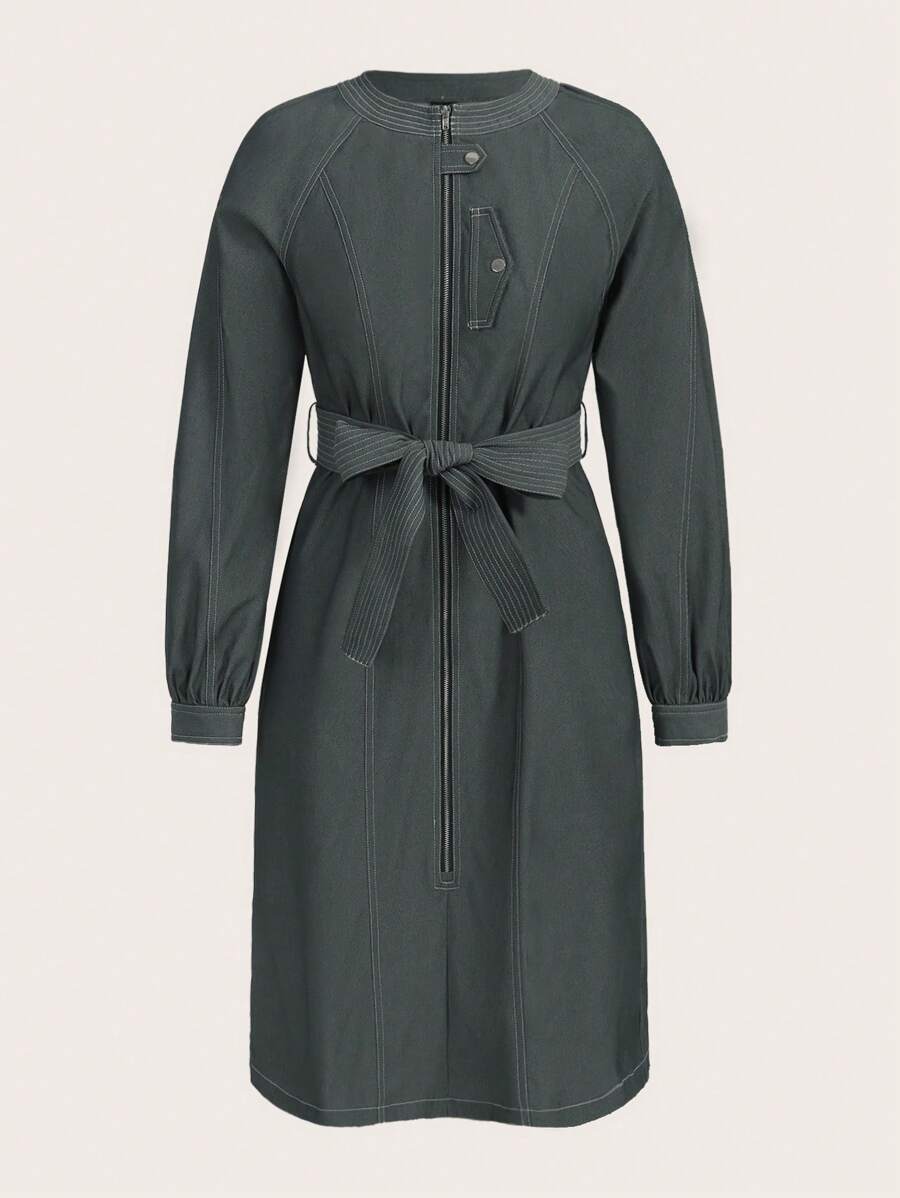 SHEINNeu Solid Raglan Sleeve Belted Dress - Dark Grey - View 1