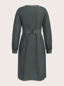 SHEINNeu Solid Raglan Sleeve Belted Dress - Dark Grey - View 2