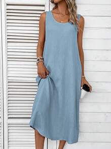 EMERY ROSE 女士纯色圆领休闲宽松无袖连衣裙 - 淺藍色 - 查看 4