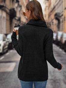 SHEIN LUNE 围脖领纽扣细节裹身毛衣，长袖上衣 - 黑色 - 查看 2