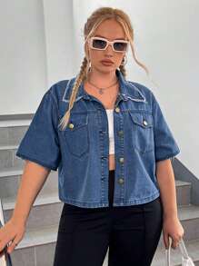 SHEIN EZwear Plus Flap Pocket Denim Top - Medium Wash - View 1