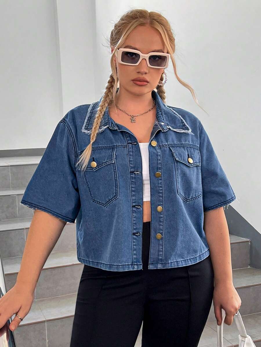 SHEIN EZwear Plus Flap Pocket Denim Top - Medium Wash - View 1